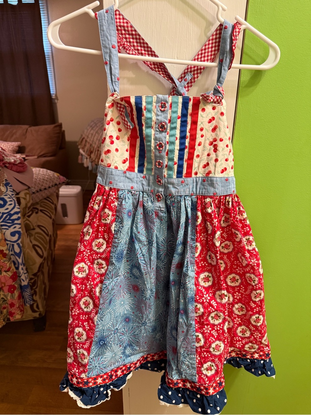Matilda Jane Girls' Multi-Print Patchwork Dress - Red, Blue & Cream